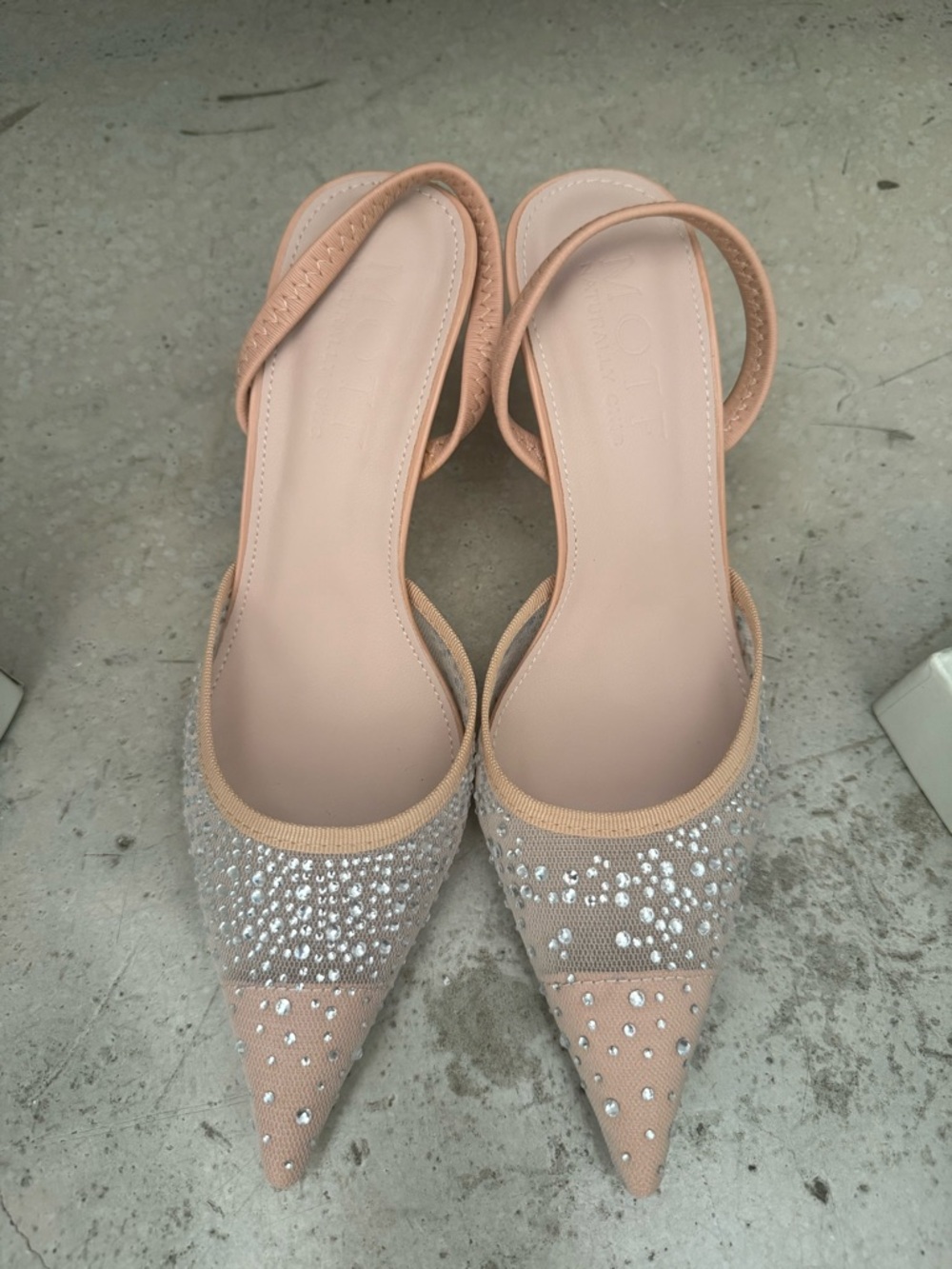 Nude Embellished Pointed Toe Slingback Flats